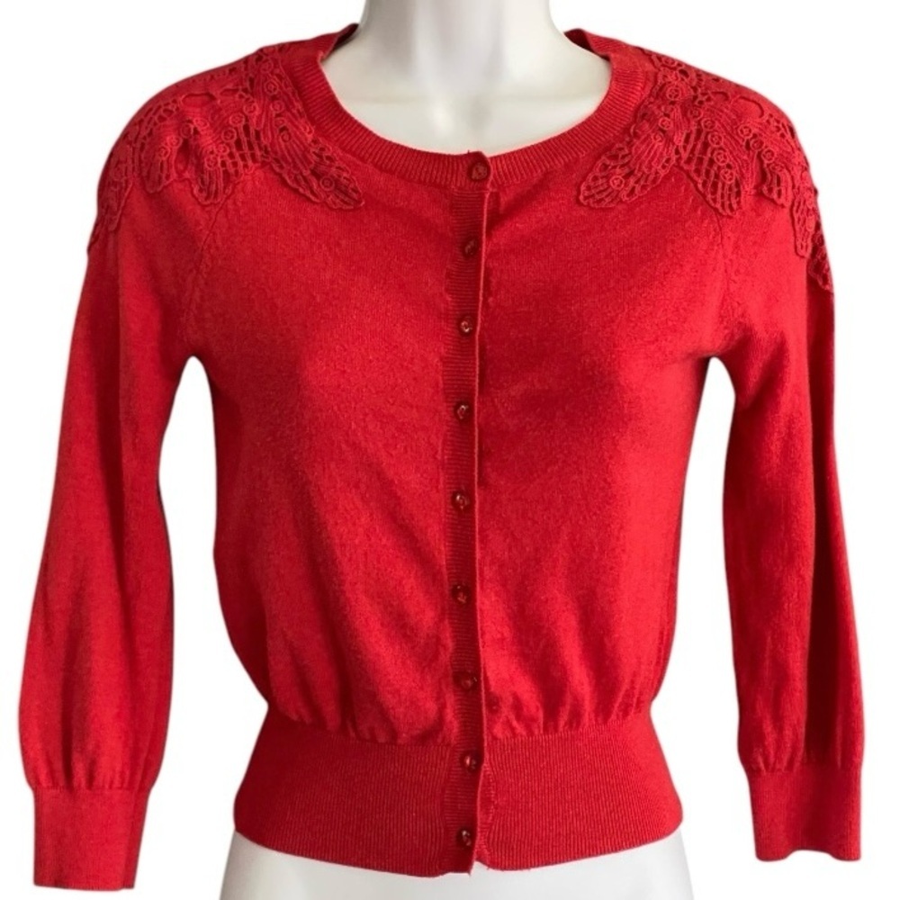 Heritage 1981 Red Cardigan M Crochet Lace Cotton Y2K Twee Preppy Button Front - Picture 3 of 10